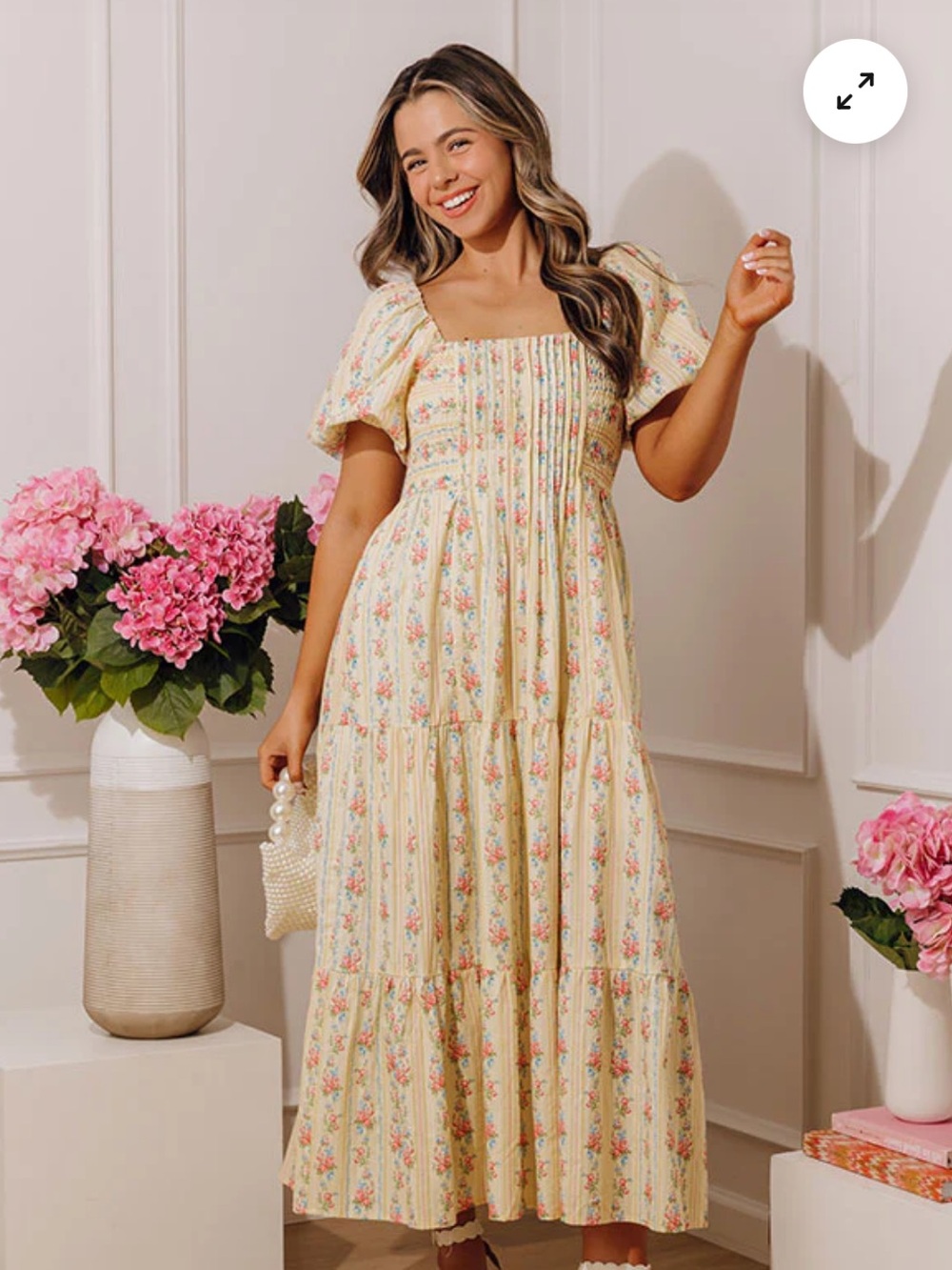 Peach love yellow Floral Puff-Sleeve  Dress